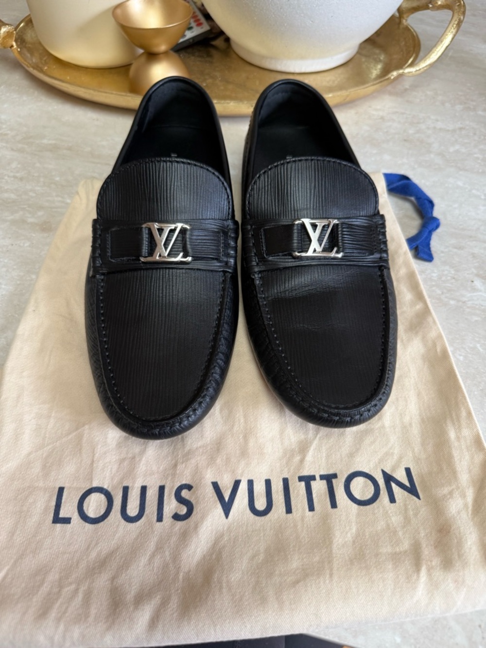 Louis Vuitton Black Leather LV Logo Slip-On Loafers